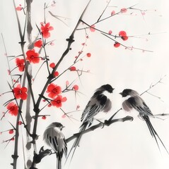 Sticker - Red flowers, birds on branches, ink painting, Asian art.