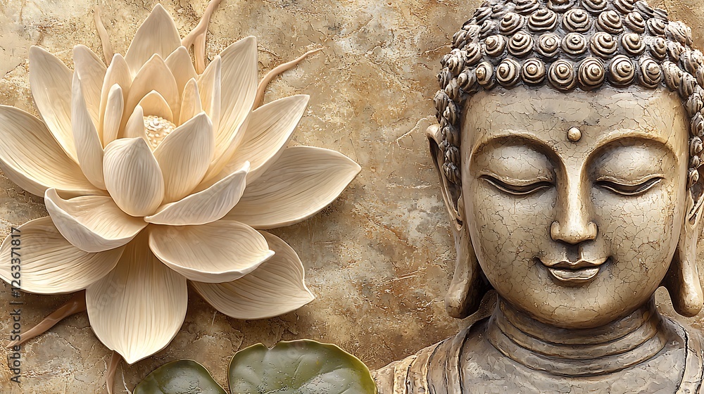 Serene Buddha and Lotus Flower A 3D Relief Art Image. Stock ...