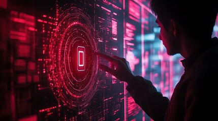 Person interacting with a futuristic, glowing red interface, possibly a digital display or holographic projection.