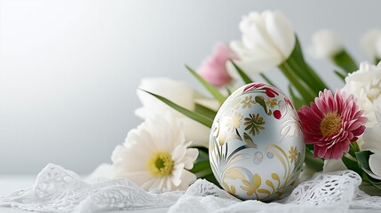 Canvas Print - close-up of a beautifully decorated Easter egg with golden floral patterns, placed on a white lace cloth with pastel flowers around it