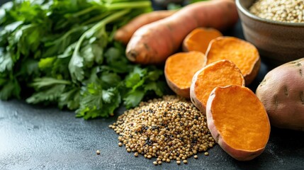 Wall Mural - Sweet Potato and Quinoa Still Life: A Vibrant Culinary Ingredient Display