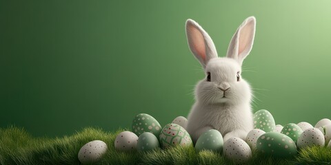 Cute bunny sits among colorful decorated eggs on a grassy surface during spring celebrations