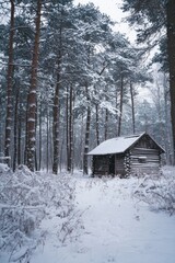 Wall Mural - snowy forest cabin