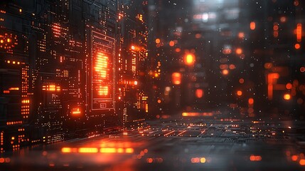 Futuristic digital server room; glowing circuits, bokeh background; tech concept