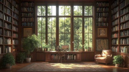 Poster - Luxurious library study with sunlit forest view