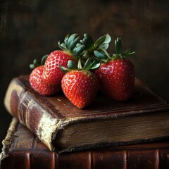 Wall Mural - A quartet of ripe red strawberries with green leaves rest upon stacked vintage books, evoking a sense of nostalgia and cozy autumn reading sessions.