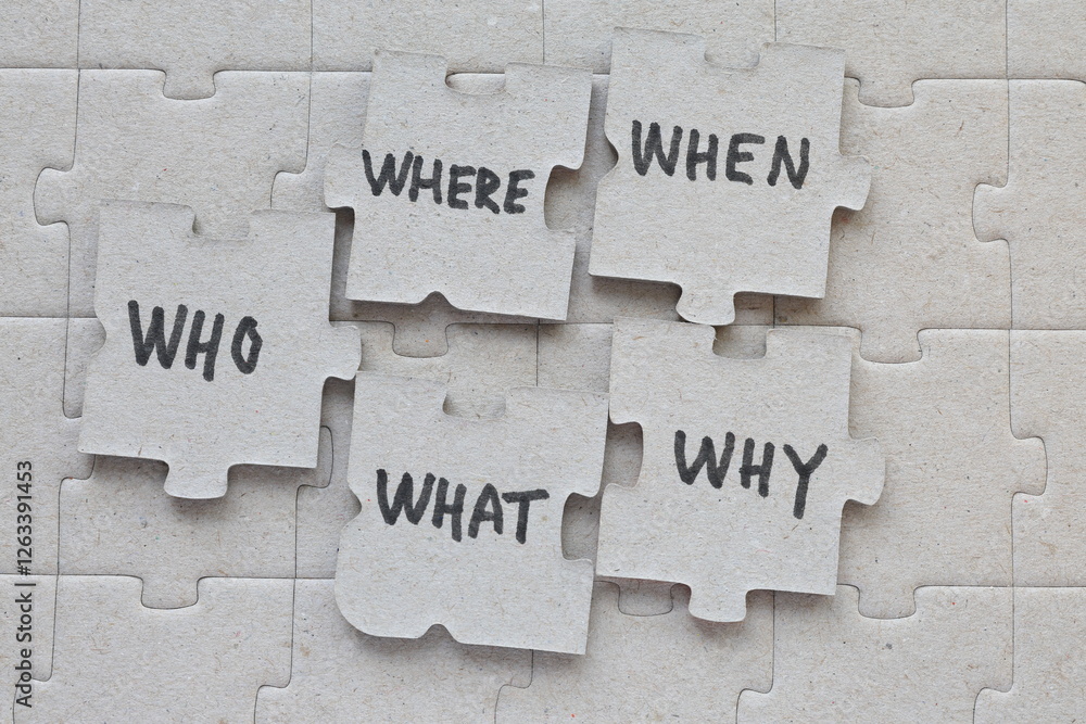Who, where, when, what and why concept puzzle. Grey jigsaw background ...