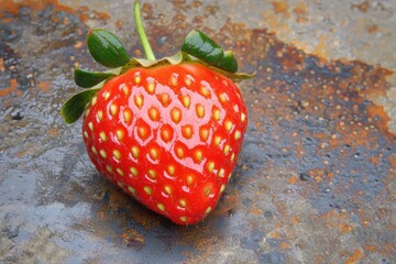 Wall Mural - Close-up of a fresh, ripe strawberry with green leaves, set against a textured, weathered background, showcasing its vibrant red color and natural beauty.