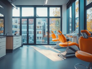 Wall Mural - Orange Chairs in Room with Large Windows