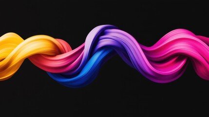 A vibrant, swirling ribbon of multicolored hues intertwines dramatically against a stark black backdrop, creating a sense of dynamic movement and fluidity