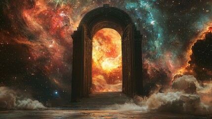 Wall Mural - a large, colorful archway with a bright yellow light shining through it