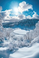 Wall Mural - snowy forest with frozen lake