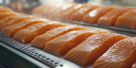 Wall Mural - Salmon Slices on Conveyor Belt