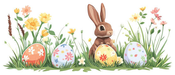 Wall Mural - PNG Easter eggs and rabbit on green grass and flowers border illustration easter bunny.