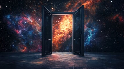 Wall Mural - a black doorway stands open against a backdrop of swirling galaxies and bright stars. vibrant colors