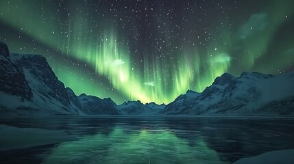 Canvas Print - Vibrant aurora borealis reflected in a frozen lake, surrounded by snow-covered mountains under a starry sky.