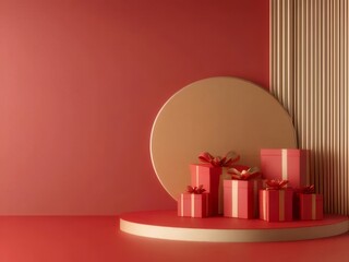 Wall Mural - Red and gold gift boxes on a podium against a red background.