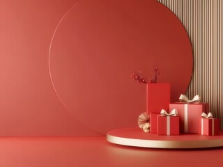 Wall Mural - Red gifts, flowers, and gold platform against a red background.