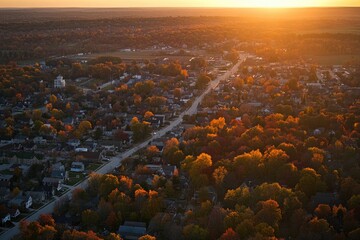 Wall Mural - Aerial view of a city at sunset