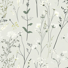 Naklejka na meble A minimalist floral illustration with simple, clean illustrations of wildflowers and stems in muted shades of gray, white, and soft green. The design feels modern and peaceful.