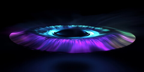 An ethereal black hole with an accretion disk radiating neon purple and cyan light, bending space-time in a hypnotic vortex.