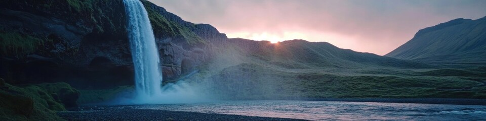 Poster - A picturesque waterfall surrounded by lush greenery and illuminated by the warm glow of a setting sun