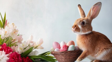 Wall Mural - vintage-style Easter postcard illustration featuring a bunny holding a basket of eggs, surrounded by pastel flowers and an old-fashioned script text