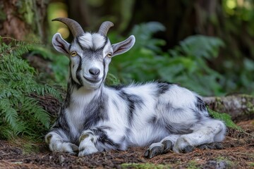 Wall Mural - A goat lying down in the woods, surrounded by trees and foliage