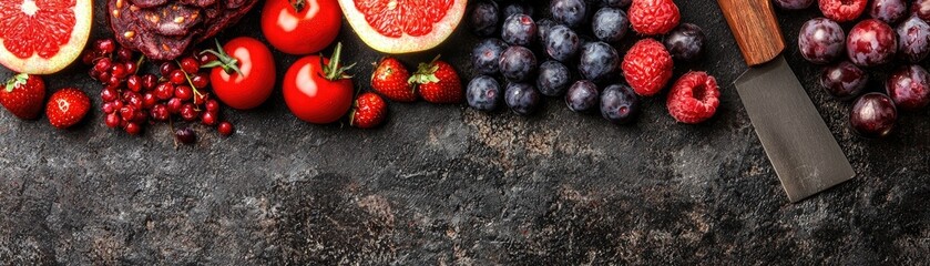 Poster - Red fruit & meat platter on dark stone. Healthy food banner