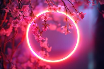 Wall Mural - A pink neon circle surrounded by pink flowers, suitable for use in promotional materials or as a decorative element