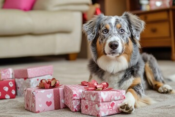 Wall Mural - A dog lying down next to a pile of presents, possibly indicating excitement for holiday celebrations