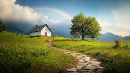 Wall Mural - cozy Irish cottage with a thatched roof, surrounded by a lush green garden filled with shamrocks