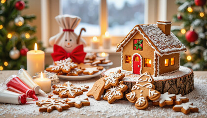 Wall Mural - Festive gingerbread house and cookies on holiday table, winter joy