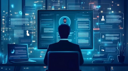Man working late at night on computer, surrounded by digital information.