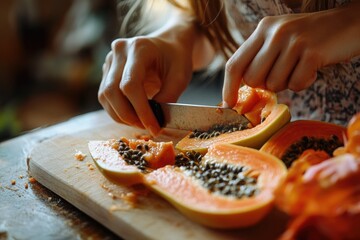 Wall Mural - A person preparing fresh papaya on a clean cutting board