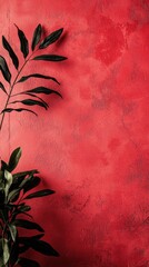 Wall Mural - Red textured wall, plant corner, shadow, background, design