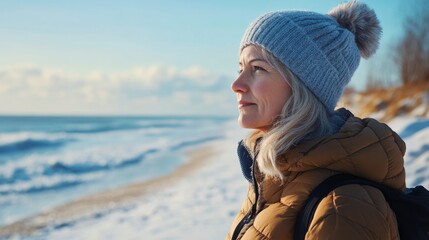 Wall Mural - A woman stands alone on a snowy beach, with calm and serene atmosphere