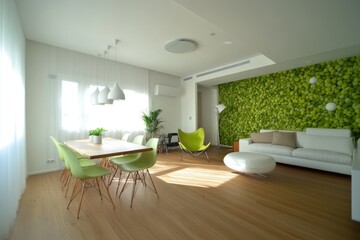 Poster - A modern living room with comfortable furniture and a natural green wall