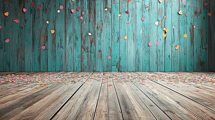 Wall Mural - Colorful hearts wooden backdrop, confetti floor, romantic setting, Valentine's Day