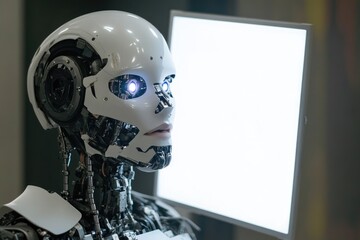 a robot studying a computer screen with various data and information displayed