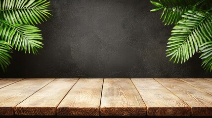 Wall Mural - Wooden table, tropical leaves, dark background, product display