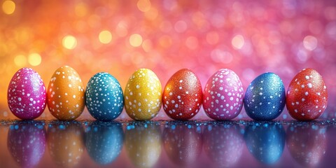 Colorful decorated eggs lined up against a vibrant background with bokeh lights during the Easter holiday celebration