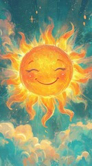 Wall Mural - Illustration of a happy sun shining brightly in the sky