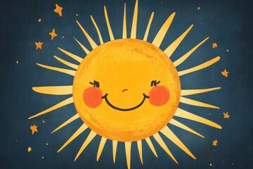 Wall Mural - Cartoon style sun with face and rays on background