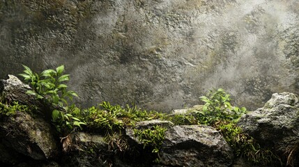 Poster - Plants growing on rocks, misty background, nature scene, website banner