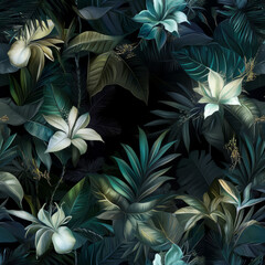 Wall Mural - A dark and moody tropical night illustration with deep green foliage and glowing exotic flowers. The mysterious jungle atmosphere is enhanced with soft highlights and rich shadow effects, creating a