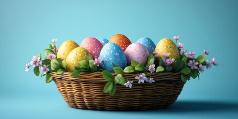 Colorful Easter eggs arranged in a woven basket decorated with flowers on a blue background