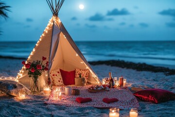 Wall Mural - Romantic beach teepee dinner, moonlit ocean