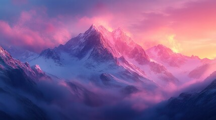 Canvas Print - Majestic mountain peak at vibrant sunset with clouds