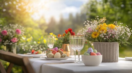 Wall Mural - elegant Easter brunch table set outdoors in a garden, with fresh flowers, golden accents, and colorful egg decorations under a sunny sky